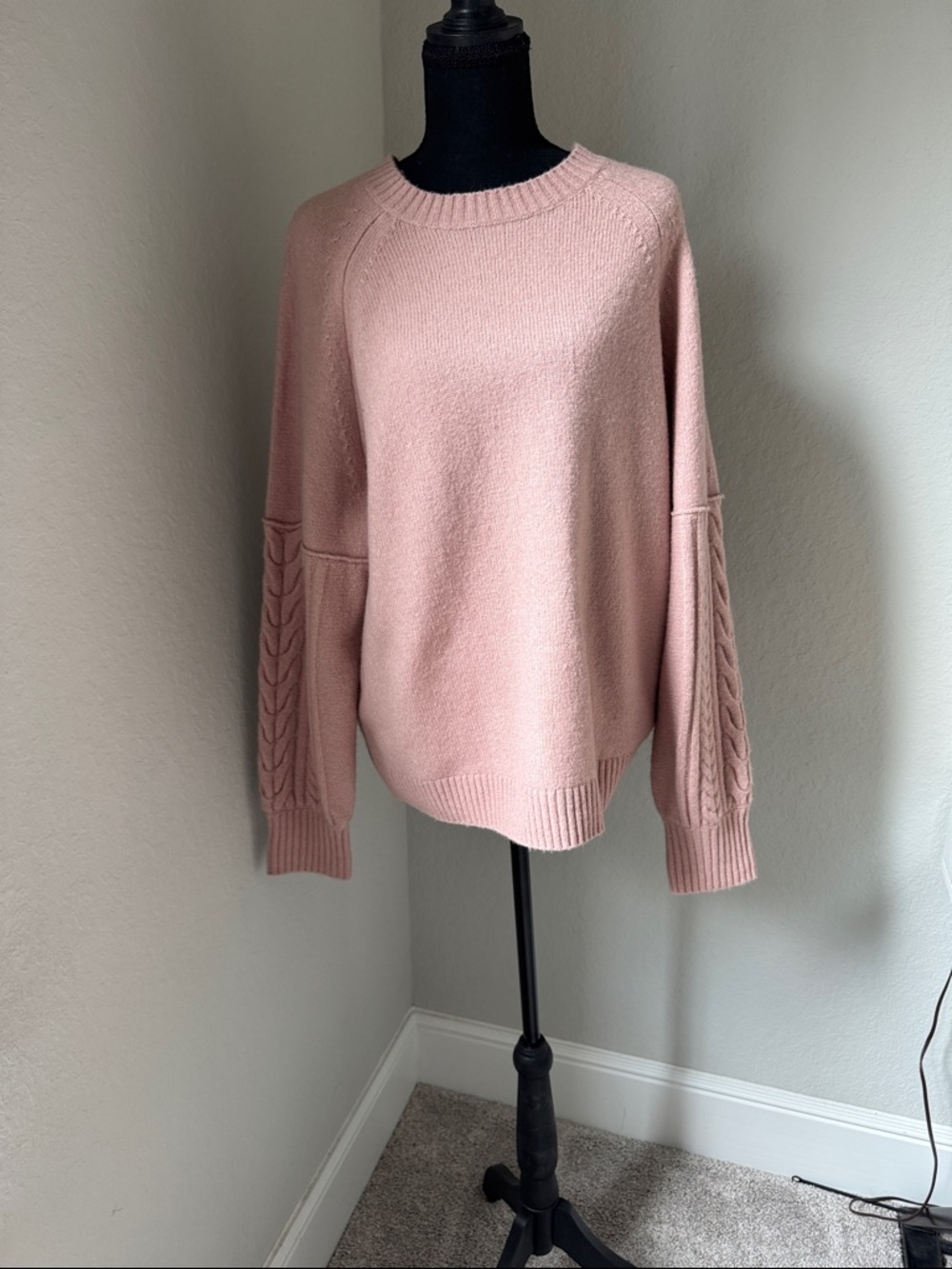 Nordstrom Blush Pink Crewneck Sweater with Cable Sleeves